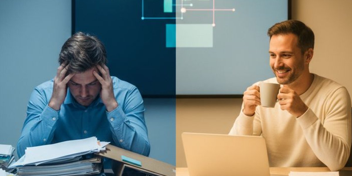 Split image of a stressed man surrounded by paper files on one side and a relaxed man working on a laptop on the other
